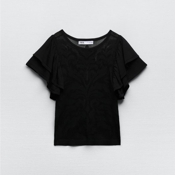 ZARA RUFFLED SLEEVE POINTELLE KNIT TOP - Picture 6 of 7